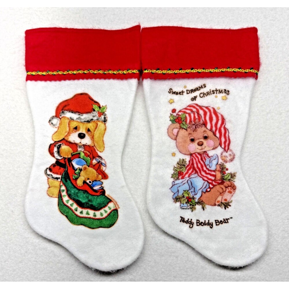 Morgan Creative Teddy Beddy Bear Christmas Stockings Lot 2 Puppy Vintage 15"